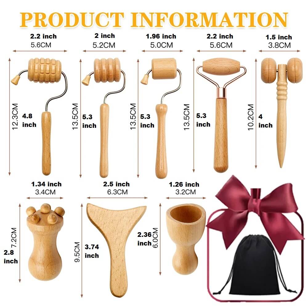 8 PCs Wooden Face Massager Set with Bag - Maderoterapia Facial Kit