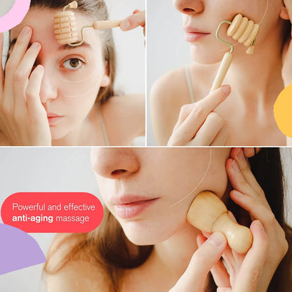 8 PCs Wooden Face Massager Set with Bag - Maderoterapia Facial Kit