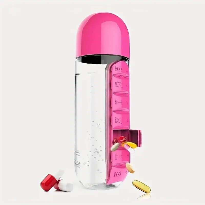 Portable Water Bottle with Built-in Pill Box