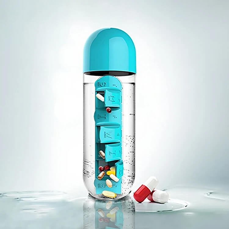 Portable Water Bottle with Built-in Pill Box