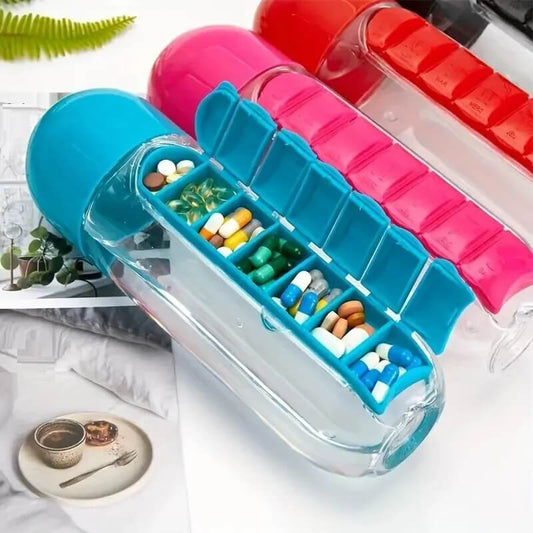 Portable Water Bottle with Built-in Pill Box